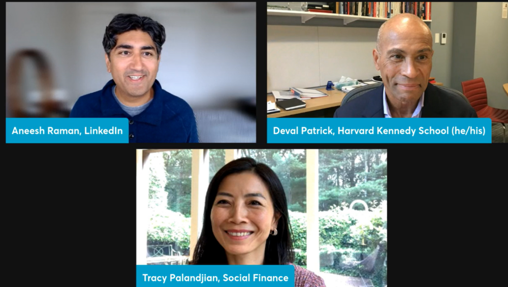 Tracy Palandjian, Deval Patrick, and Aneesh Raman smile on their individual screens at the start of the virtual conversation